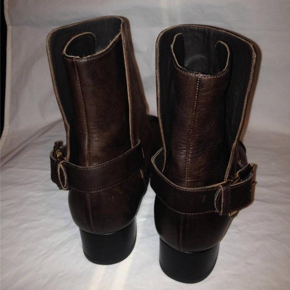 CHANEL 13B Brown Leather Patent Cap Toe Buckled Ankle Bootie Boots Shoes - Picture 6 of 9